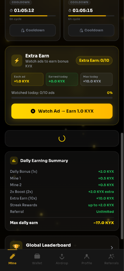 KYX Labs earn dashboard
